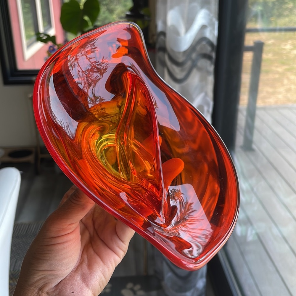 Vintage Viking Divided Bowl Mid Century Persimmon Orange Amberina Art Glass
